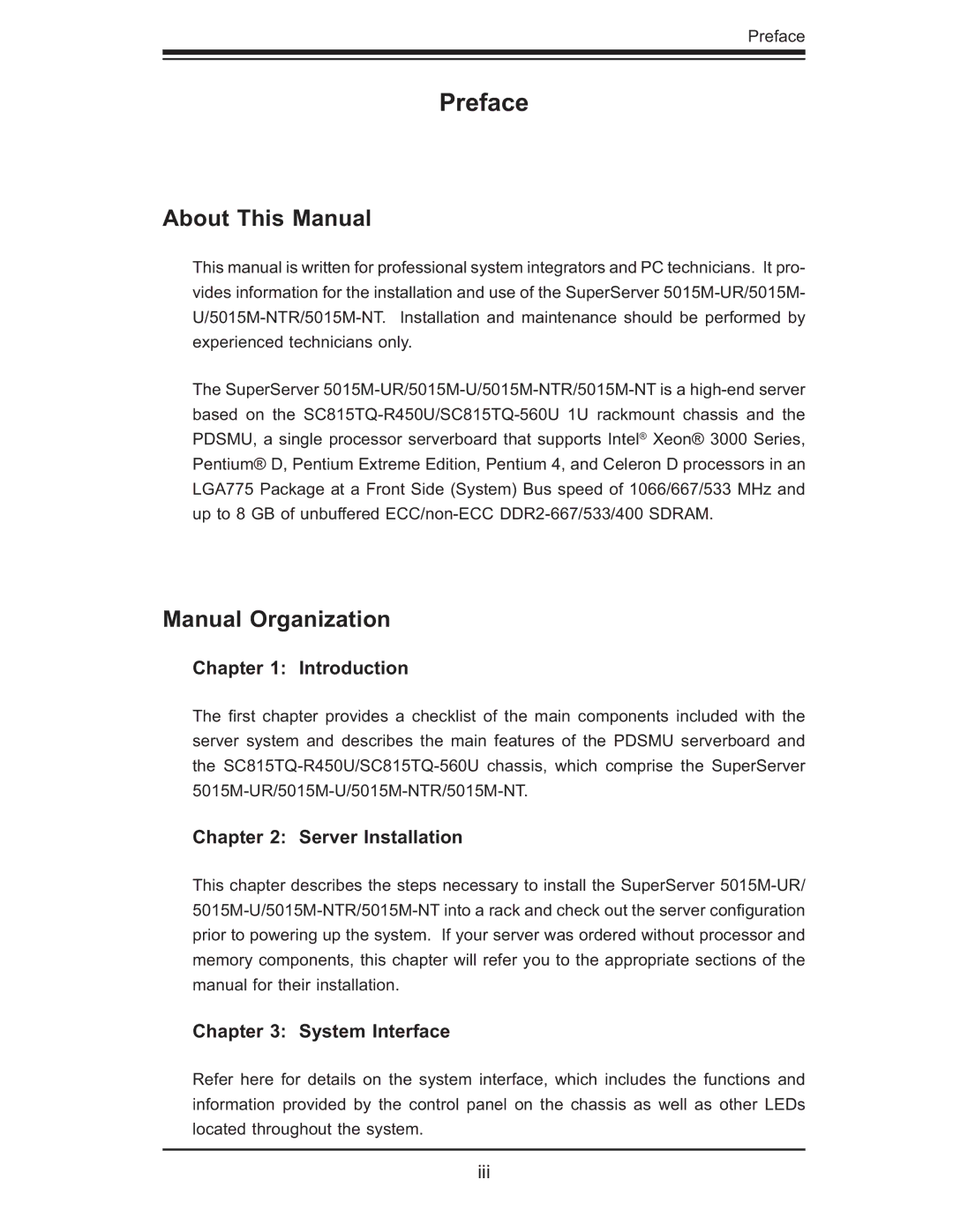 SUPER MICRO Computer 5015M-NTR, 5015M-UR user manual Preface, About This Manual, Manual Organization 