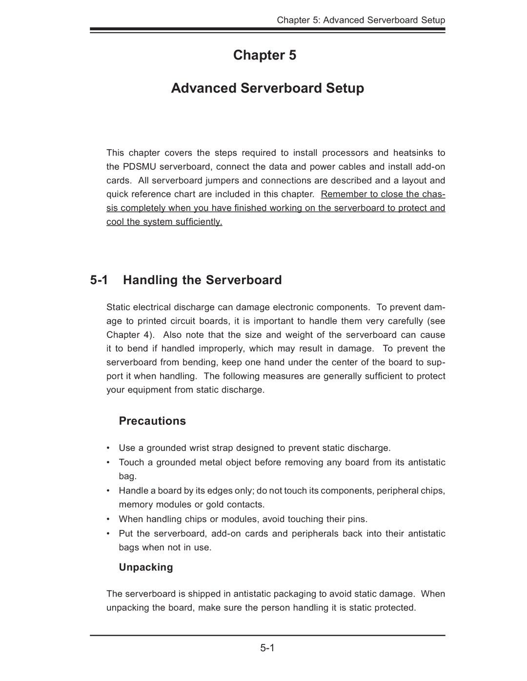 SUPER MICRO Computer 5015M-NTR Chapter Advanced Serverboard Setup, Handling the Serverboard, Precautions, Unpacking 