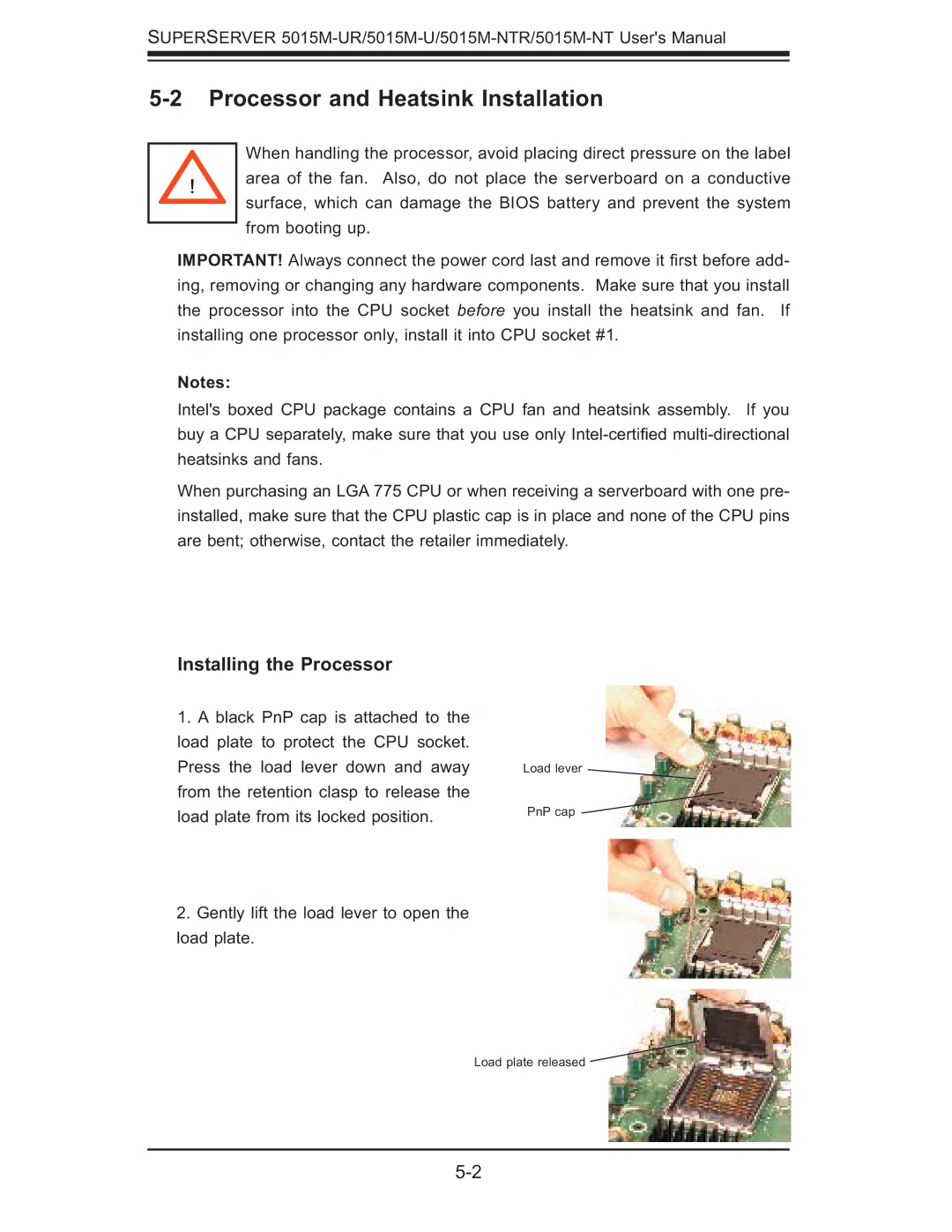 SUPER MICRO Computer 5015M-UR, 5015M-NTR user manual Processor and Heatsink Installation, Installing the Processor 