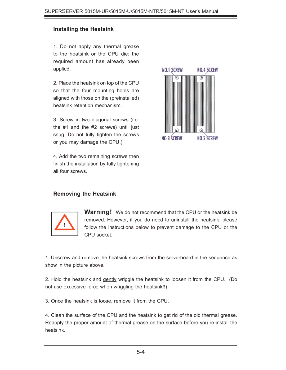 SUPER MICRO Computer 5015M-UR, 5015M-NTR user manual Installing the Heatsink, Removing the Heatsink 