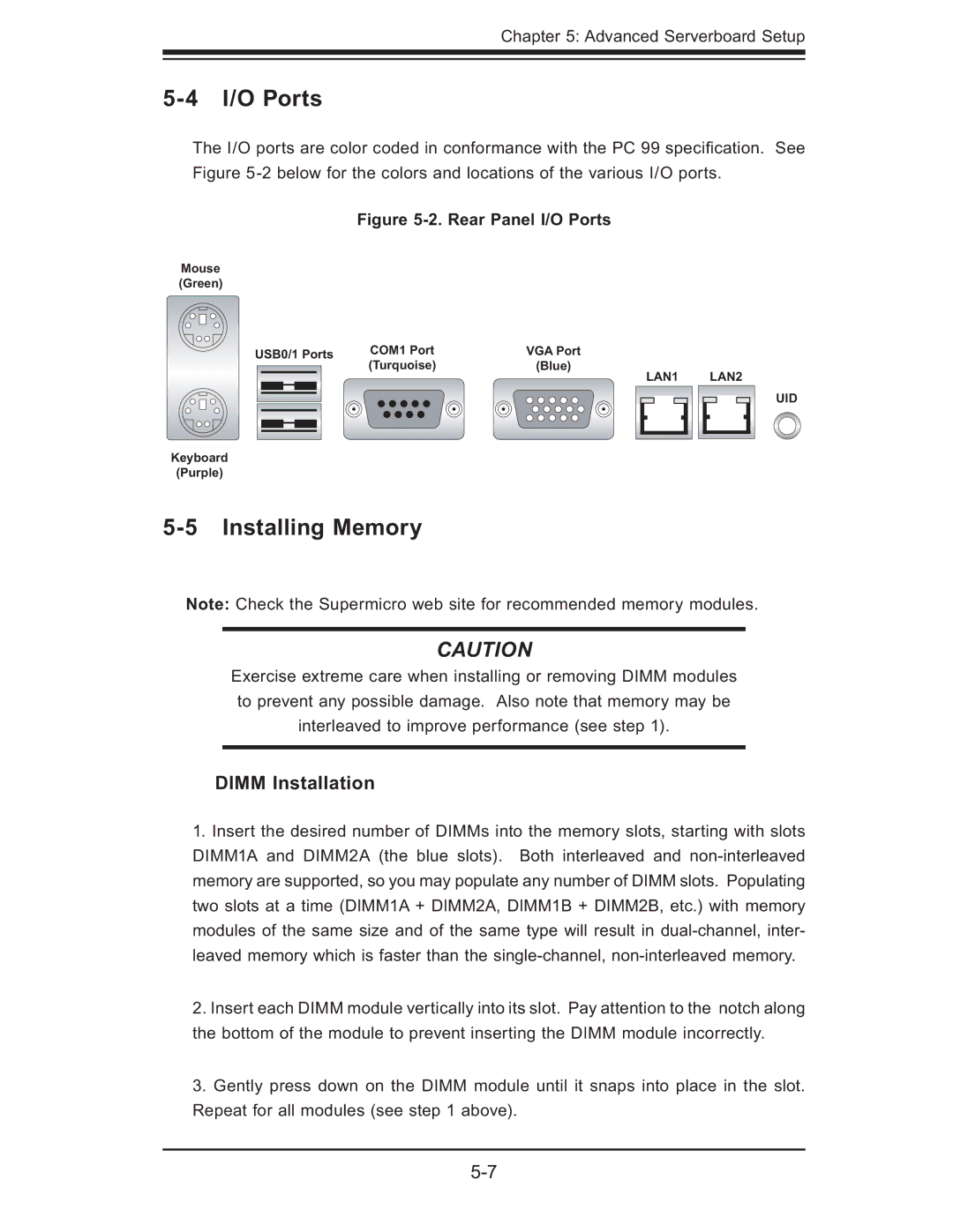 SUPER MICRO Computer 5015M-UR, 5015M-NTR user manual I/O Ports, Installing Memory, Dimm Installation 