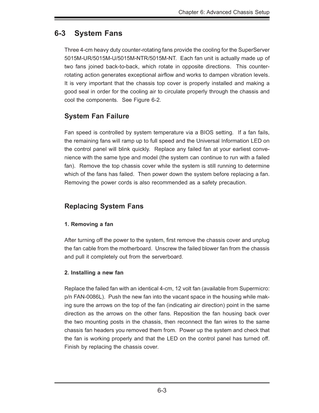 SUPER MICRO Computer 5015M-UR System Fan Failure, Replacing System Fans, Removing a fan, Installing a new fan 