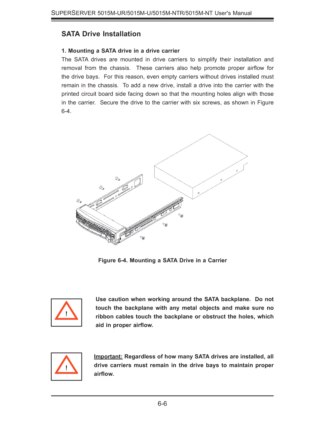 SUPER MICRO Computer 5015M-UR, 5015M-NTR user manual Sata Drive Installation, Mounting a Sata drive in a drive carrier 