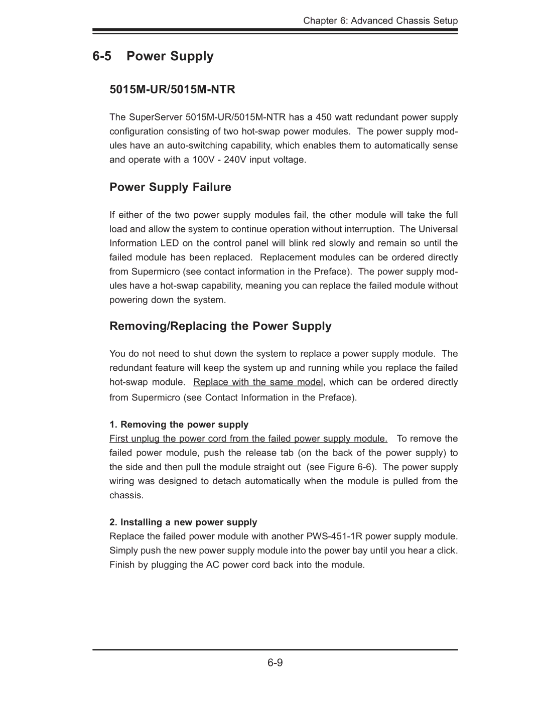 SUPER MICRO Computer user manual 5015M-UR/5015M-NTR, Power Supply Failure, Removing/Replacing the Power Supply 