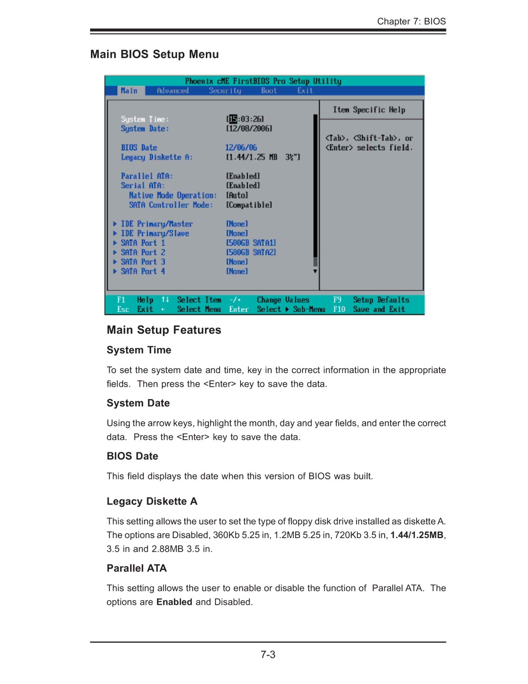 SUPER MICRO Computer 5015M-UR, 5015M-NTR user manual Main Bios Setup Menu Main Setup Features 