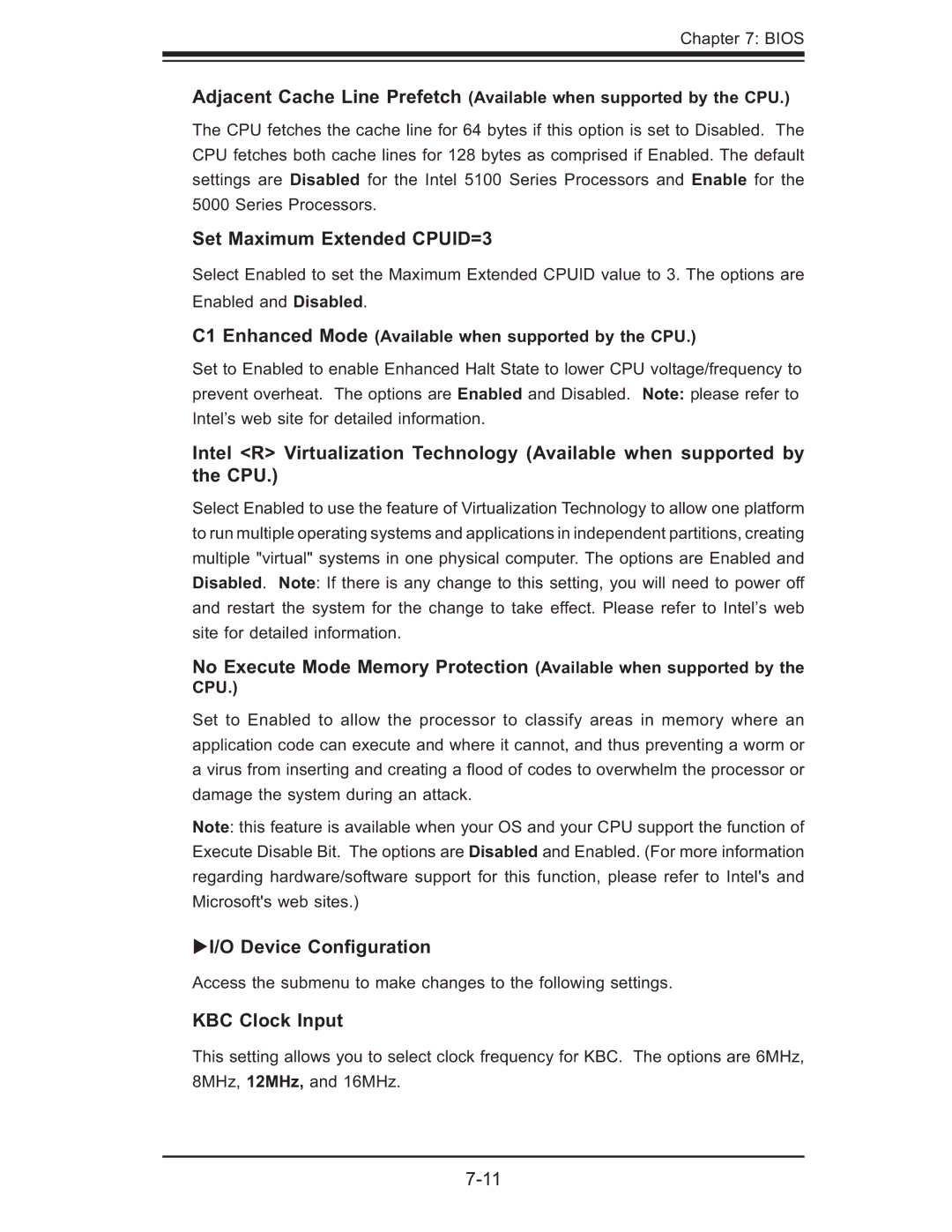 SUPER MICRO Computer 5015M-UR, 5015M-NTR user manual Set Maximum Extended CPUID=3, Device Conﬁguration, KBC Clock Input 