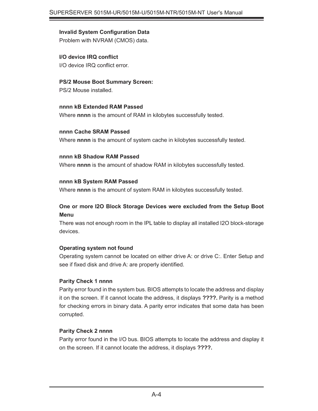 SUPER MICRO Computer 5015M-NT Invalid System Conﬁguration Data, Device IRQ conﬂict, PS/2 Mouse Boot Summary Screen 