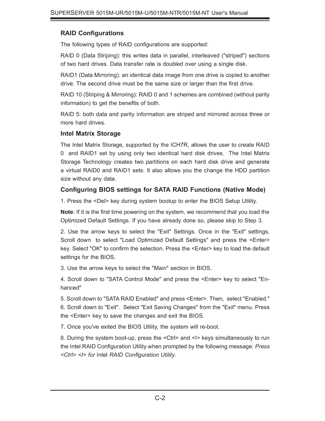 SUPER MICRO Computer 5015M-UR, 5015M-NTR user manual RAID Conﬁgurations, Intel Matrix Storage 