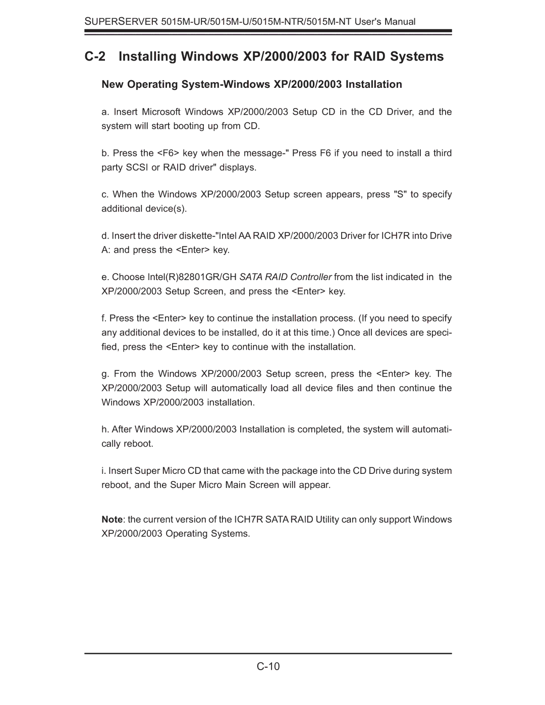 SUPER MICRO Computer 5015M-UR, 5015M-NTR user manual Installing Windows XP/2000/2003 for RAID Systems 