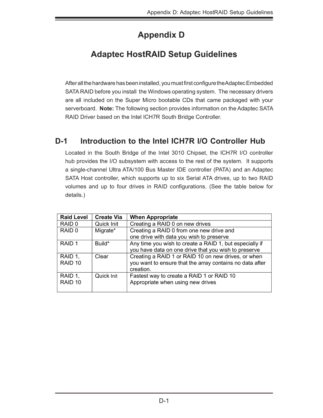 SUPER MICRO Computer 5015M-NTR, 5015M-UR user manual Appendix D Adaptec HostRAID Setup Guidelines 