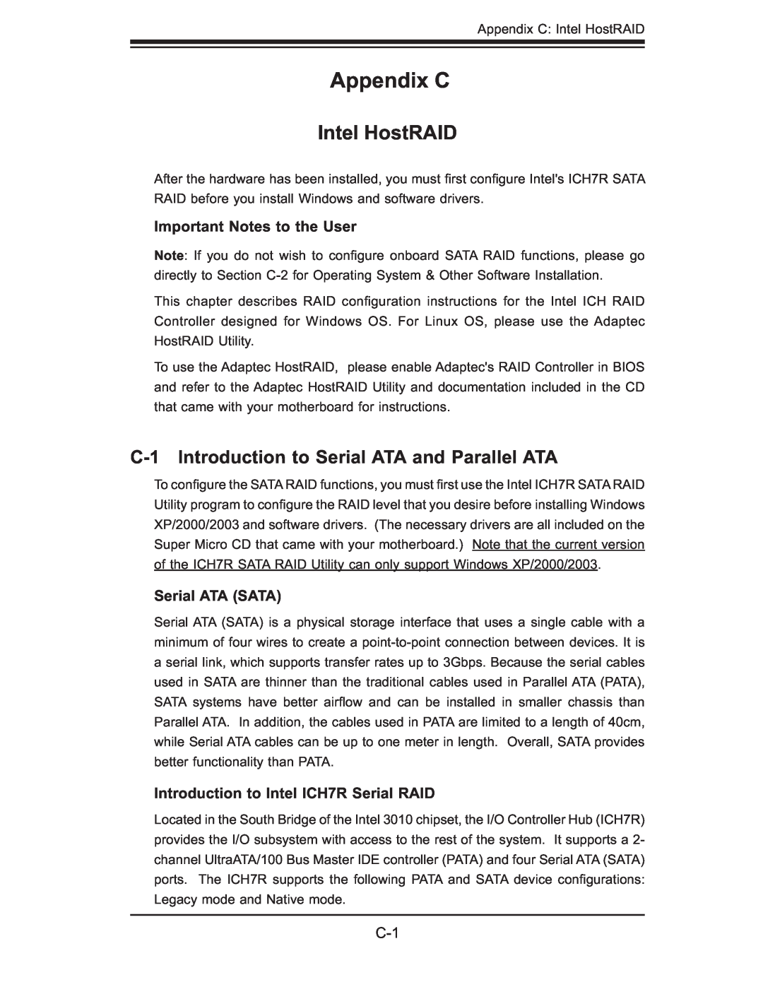 SUPER MICRO Computer 5015M-UR Intel HostRAID, C-1 Introduction to Serial ATA and Parallel ATA, Important Notes to the User 
