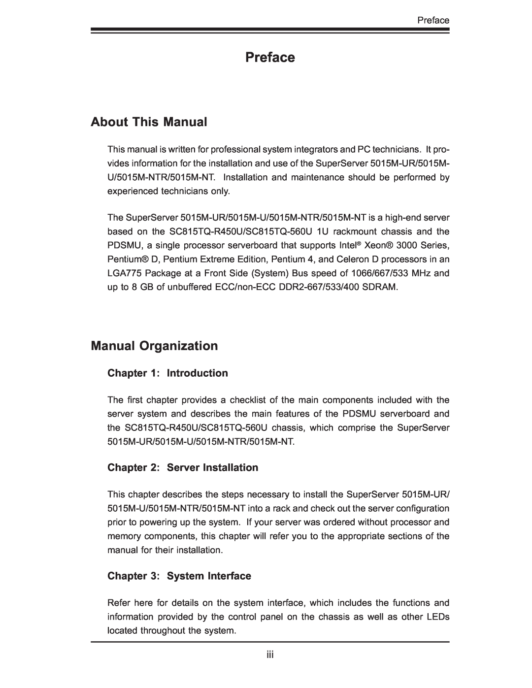 SUPER MICRO Computer 5015M-NTR, 5015M-U Preface, About This Manual, Manual Organization, Introduction, Server Installation 