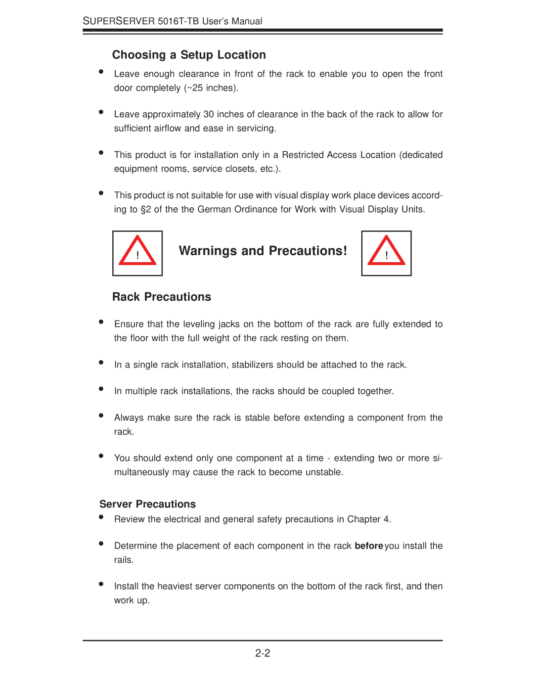 SUPER MICRO Computer 5016T-TB user manual Choosing a Setup Location, Rack Precautions 