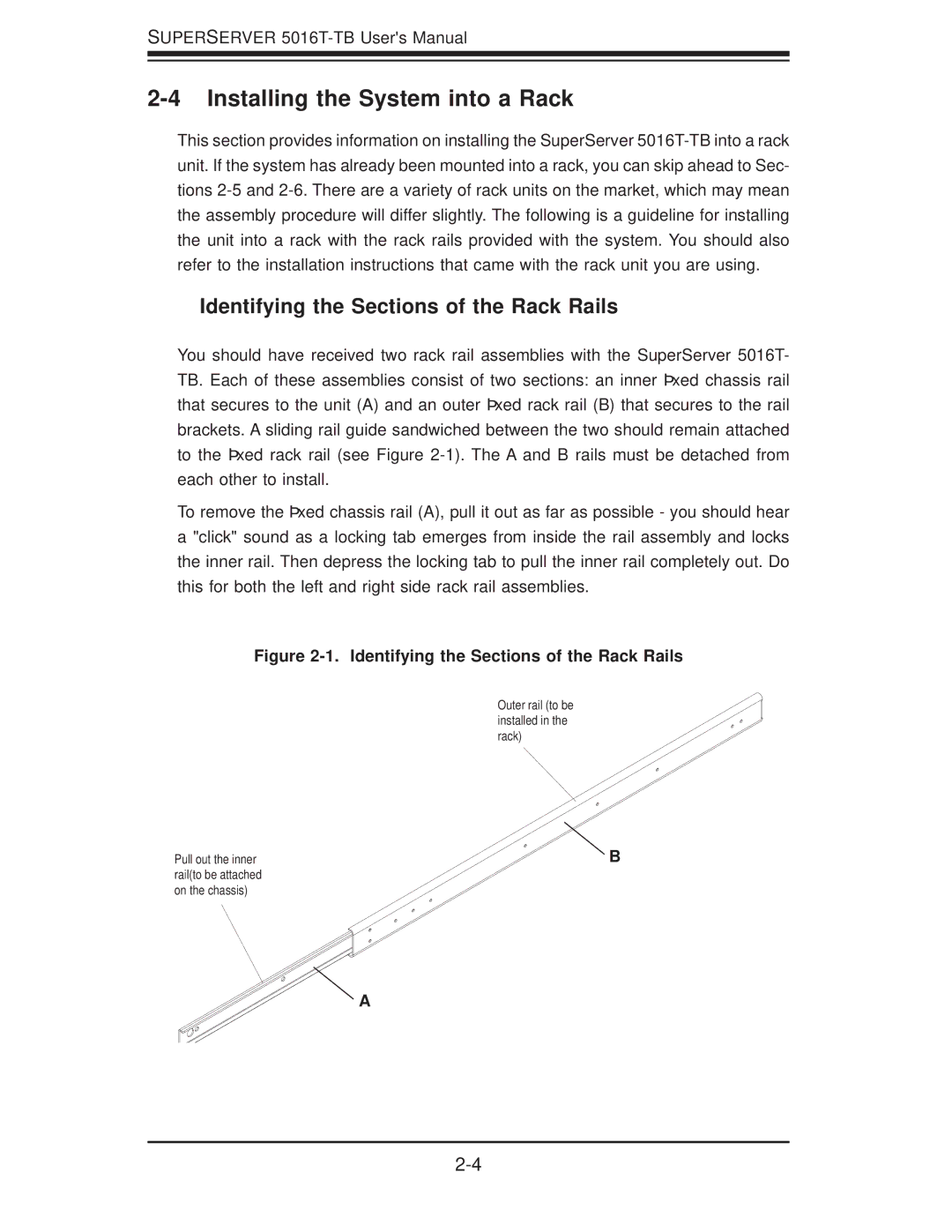 SUPER MICRO Computer 5016T-TB user manual Installing the System into a Rack, Identifying the Sections of the Rack Rails 