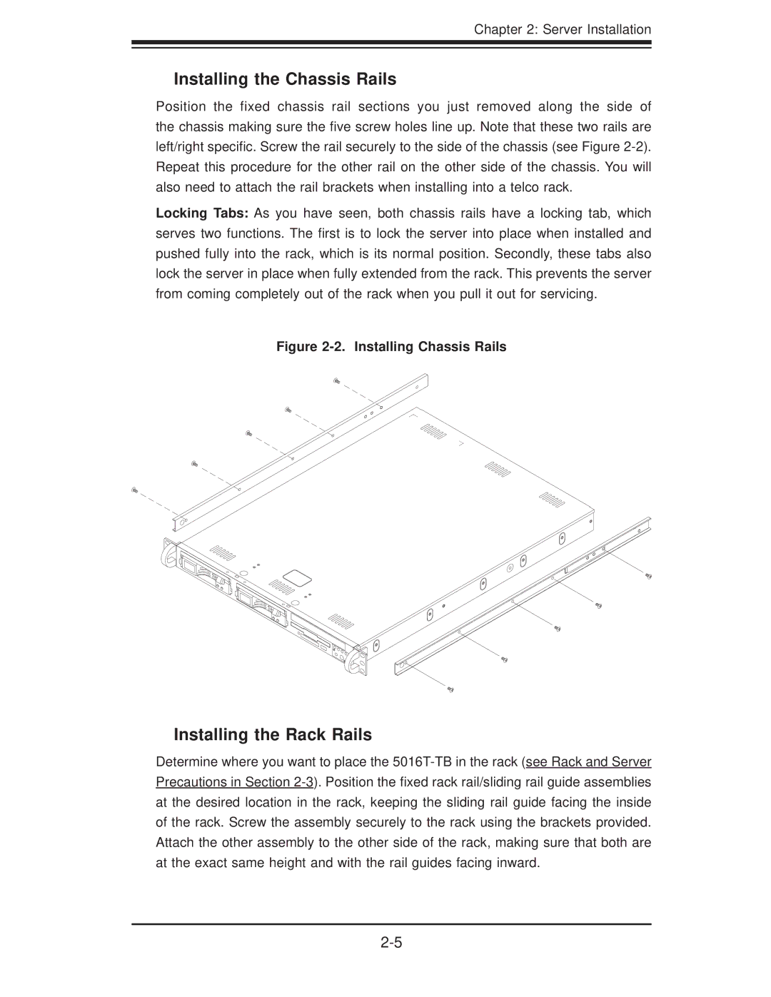 SUPER MICRO Computer 5016T-TB user manual Installing the Chassis Rails, Installing the Rack Rails 