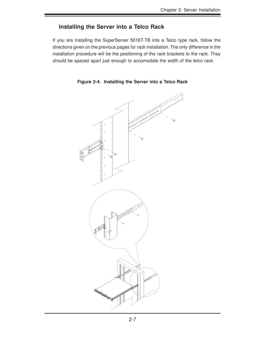 SUPER MICRO Computer 5016T-TB user manual Installing the Server into a Telco Rack 