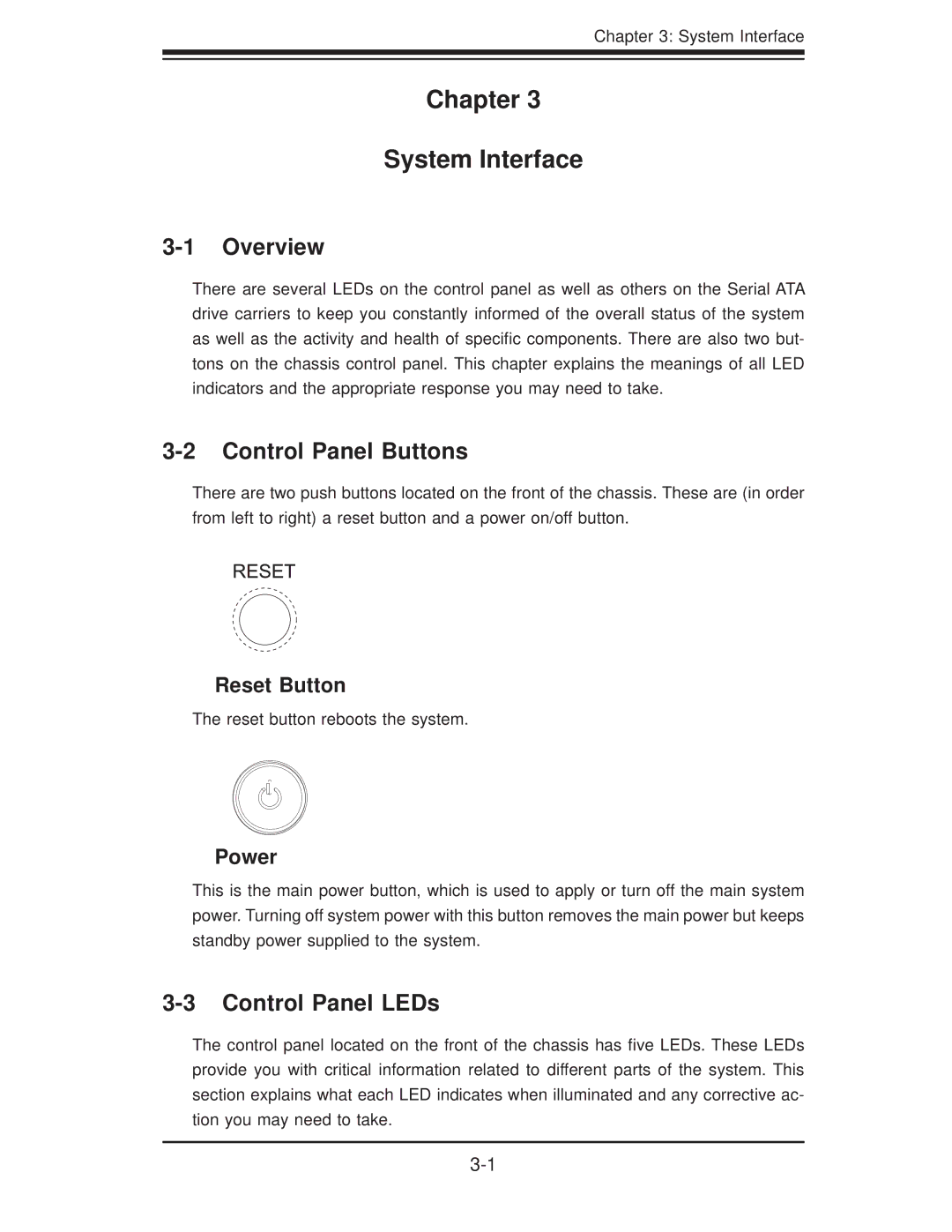 SUPER MICRO Computer 5016T-TB Chapter System Interface, Control Panel Buttons, Control Panel LEDs, Reset Button, Power 