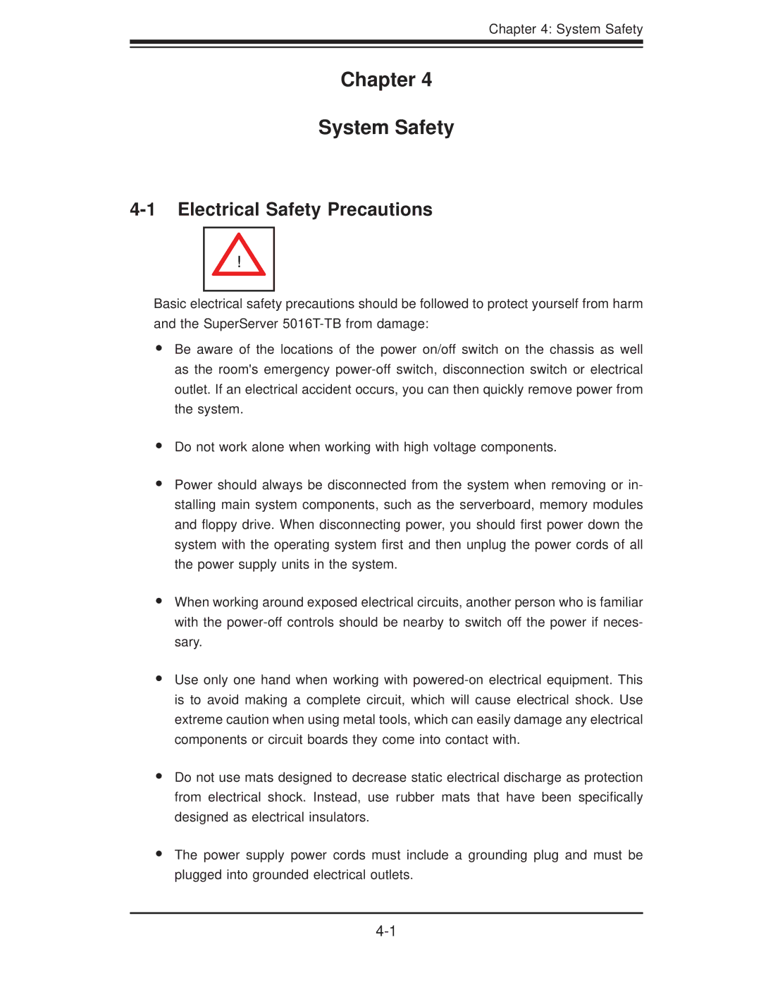 SUPER MICRO Computer 5016T-TB user manual Chapter System Safety, Electrical Safety Precautions 