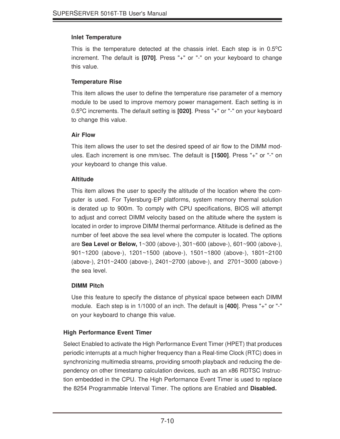 SUPER MICRO Computer 5016T-TB user manual Inlet Temperature, Temperature Rise, Air Flow, Altitude, Dimm Pitch 