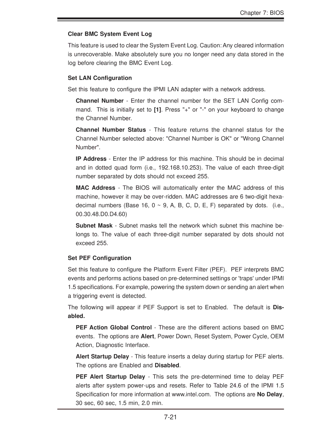 SUPER MICRO Computer 5016T-TB user manual Clear BMC System Event Log, Set LAN Conﬁguration, Set PEF Conﬁguration, Abled 