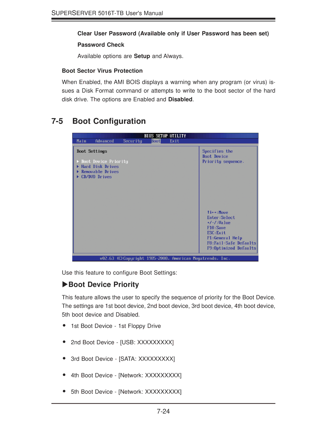 SUPER MICRO Computer 5016T-TB user manual Boot Conﬁguration, XBoot Device Priority, Boot Sector Virus Protection 