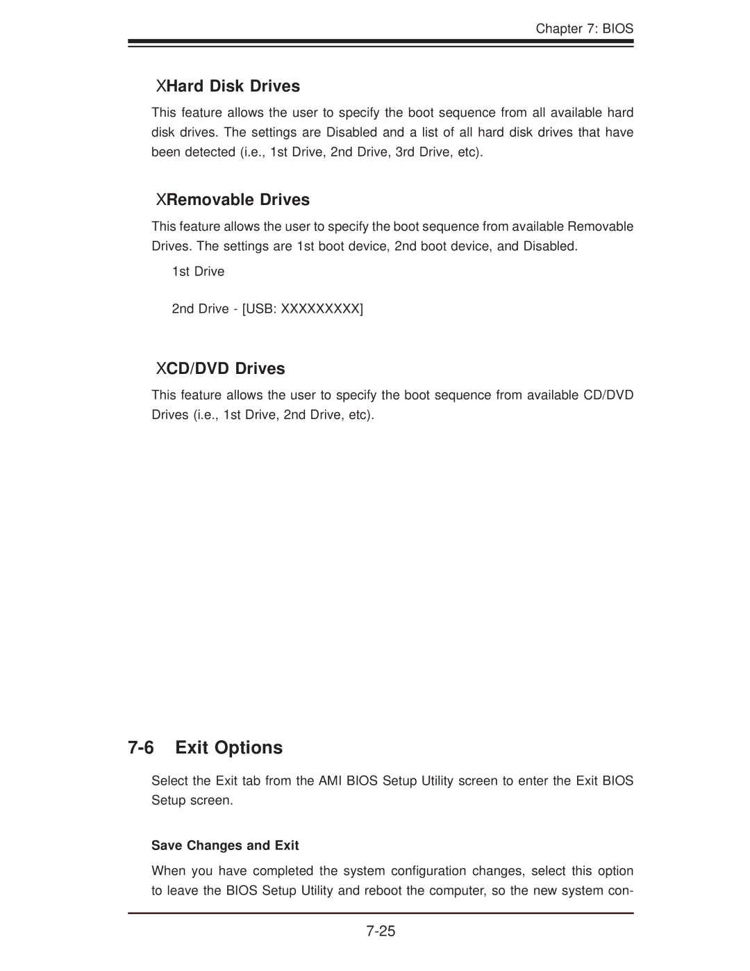 SUPER MICRO Computer 5016T-TB Exit Options, XHard Disk Drives, XRemovable Drives, XCD/DVD Drives, Save Changes and Exit 