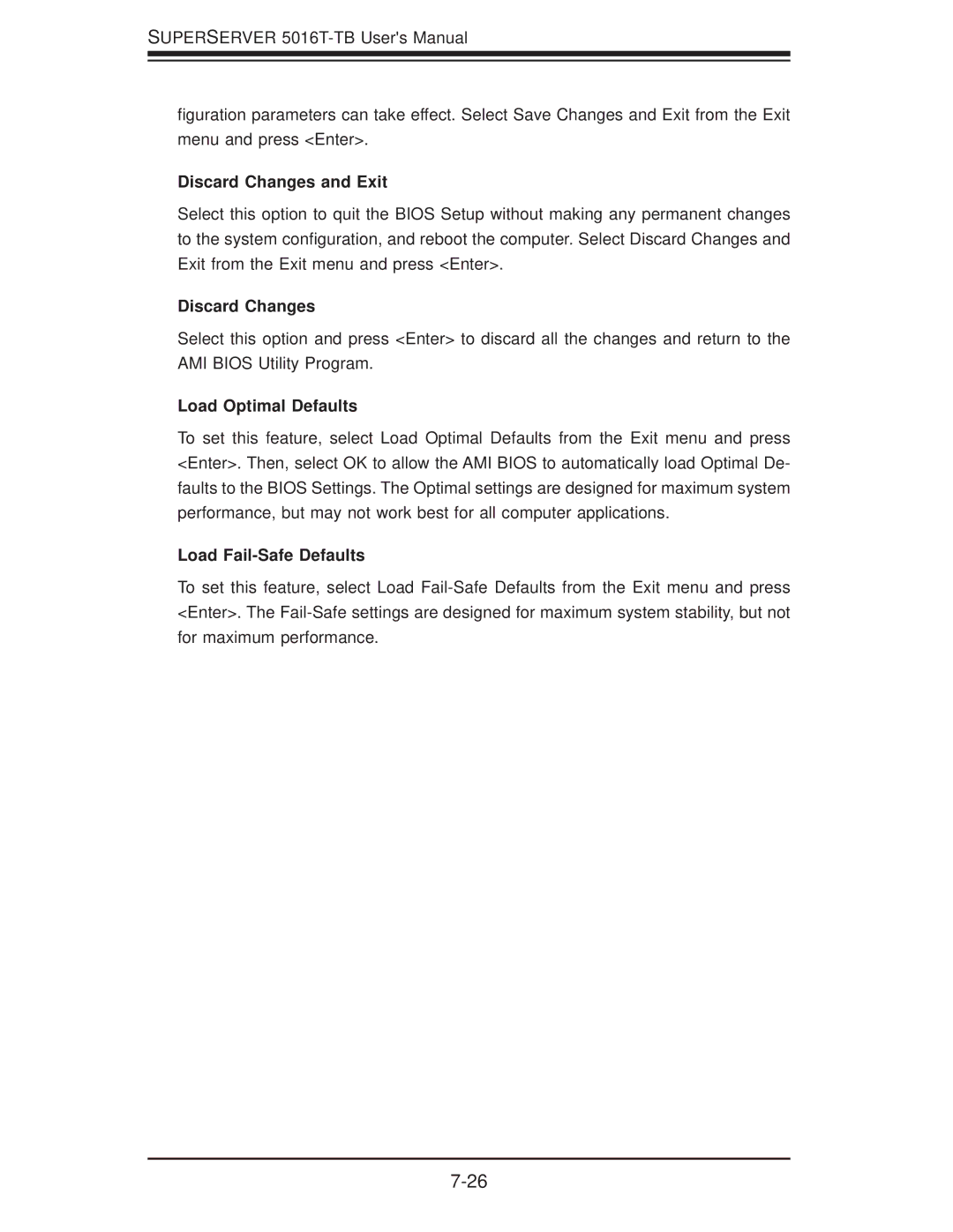 SUPER MICRO Computer 5016T-TB user manual Discard Changes and Exit, Load Optimal Defaults, Load Fail-Safe Defaults 