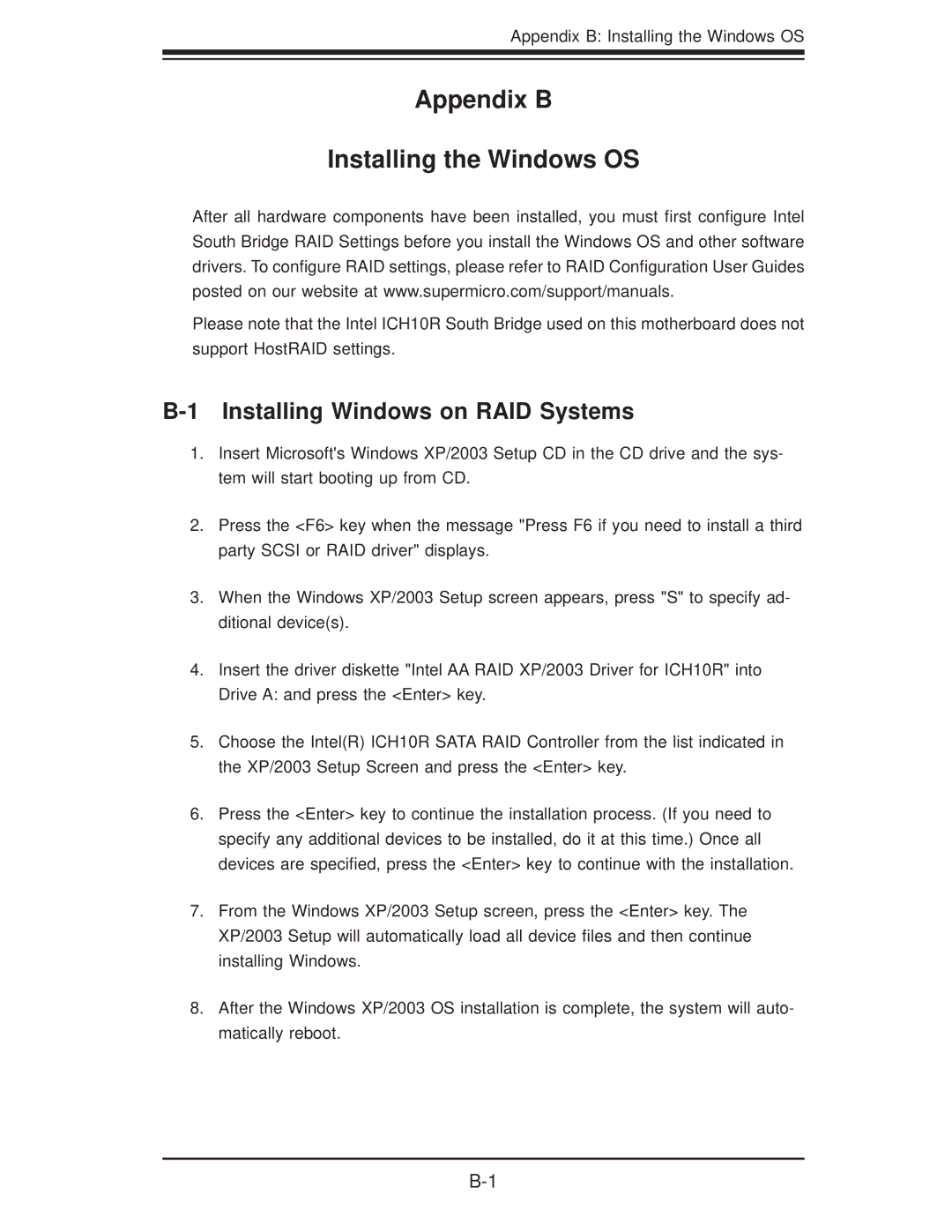 SUPER MICRO Computer 5016T-TB user manual Appendix B Installing the Windows OS, Installing Windows on RAID Systems 