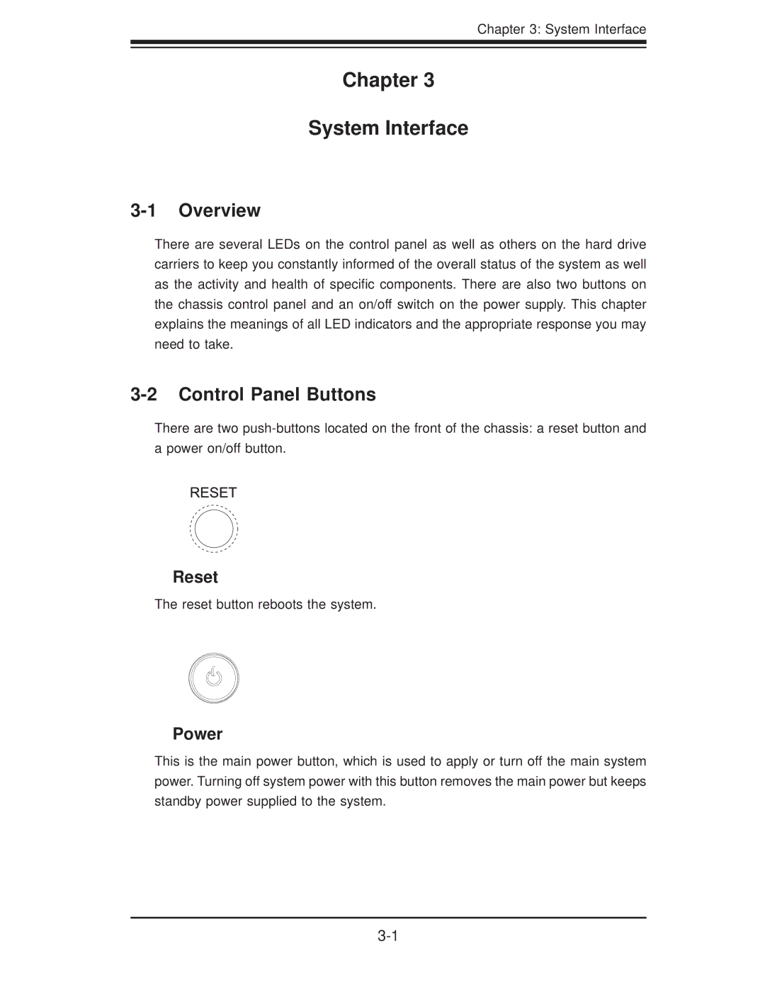 SUPER MICRO Computer 5017C-MTF, 5017C-MTRF manual Chapter System Interface, Control Panel Buttons, Reset, Power 