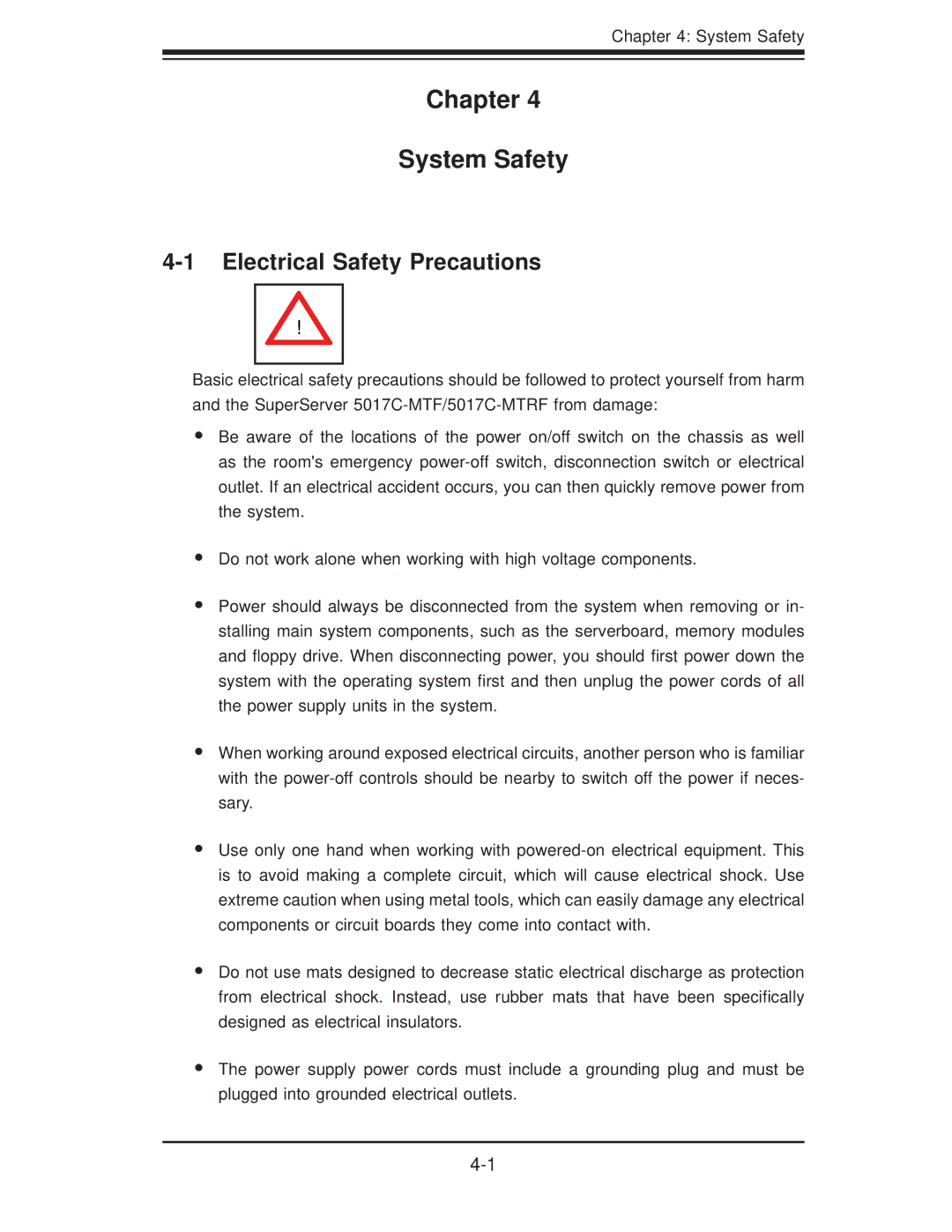 SUPER MICRO Computer 5017C-MTF, 5017C-MTRF manual Chapter System Safety, Electrical Safety Precautions 