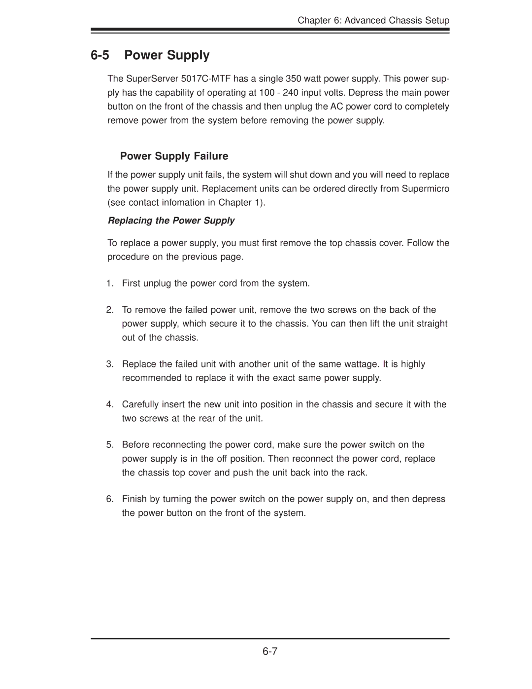SUPER MICRO Computer 5017C-MTF, 5017C-MTRF manual Power Supply Failure, Replacing the Power Supply 