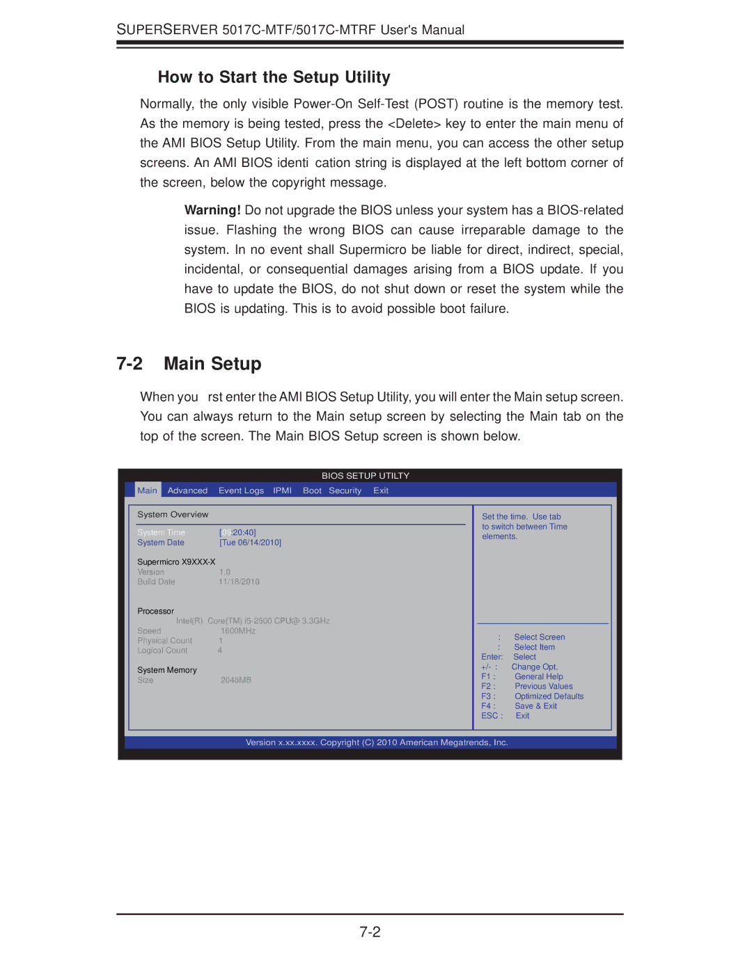 SUPER MICRO Computer 5017C-MTRF, 5017C-MTF manual Main Setup, How to Start the Setup Utility 