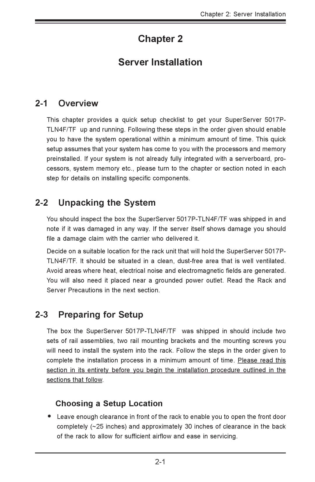 SUPER MICRO Computer 5017P-TF, 5017P-TLN4F user manual Unpacking the System, Preparing for Setup, Choosing a Setup Location 