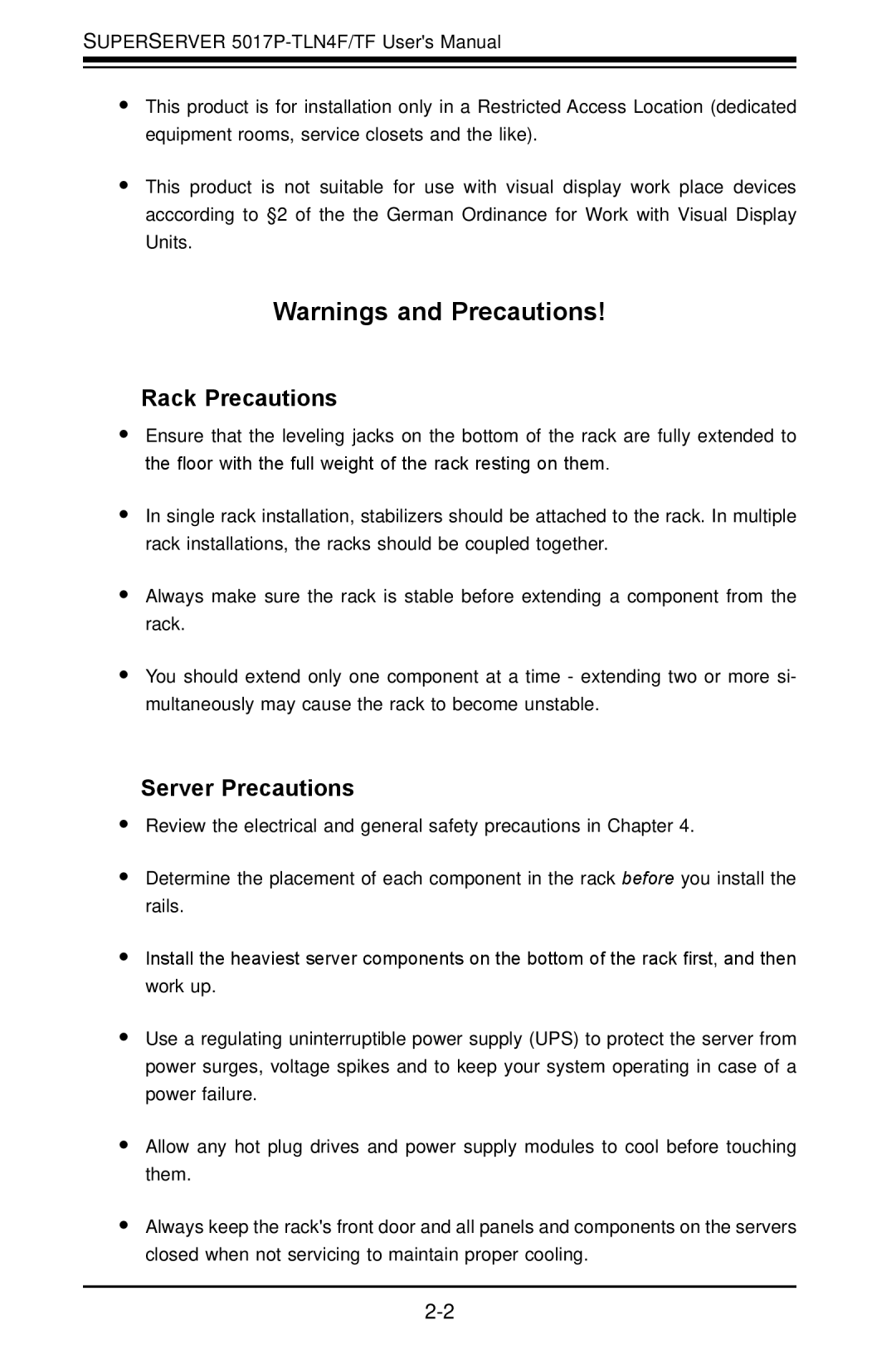 SUPER MICRO Computer 5017P-TLN4F, 5017P-TF user manual Rack Precautions, Server Precautions 