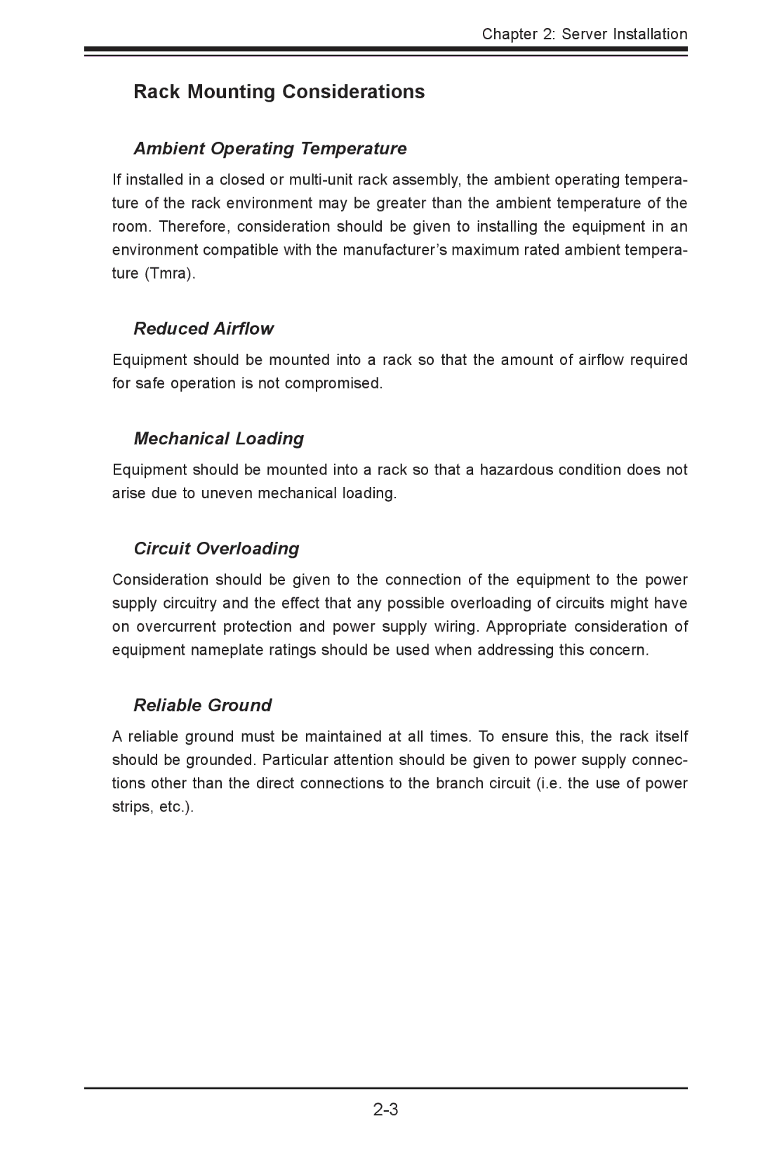 SUPER MICRO Computer 5017P-TF, 5017P-TLN4F user manual Rack Mounting Considerations, Ambient Operating Temperature 