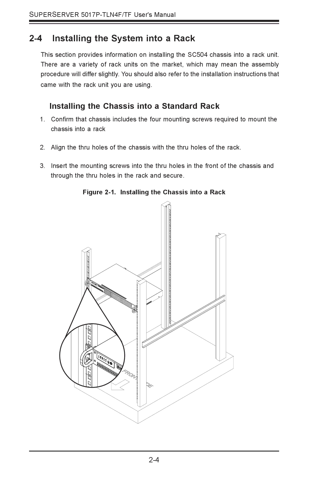 SUPER MICRO Computer 5017P-TLN4F, 5017P-TF Installing the System into a Rack, Installing the Chassis into a Standard Rack 