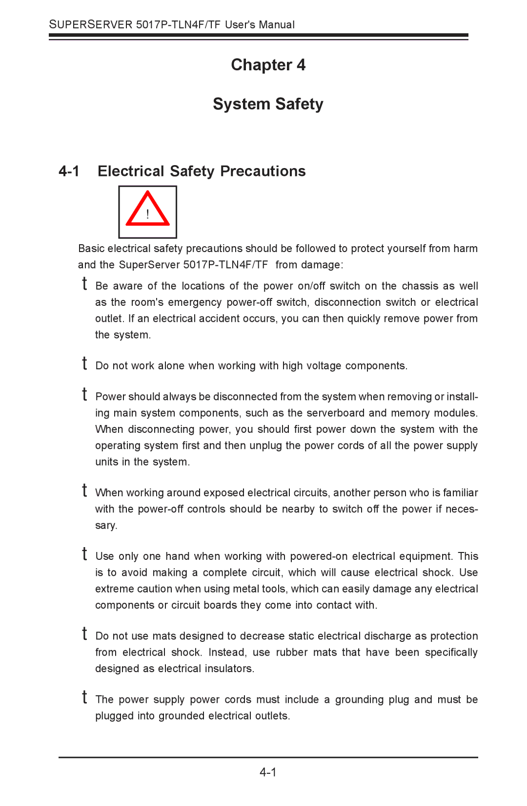 SUPER MICRO Computer 5017P-TF, 5017P-TLN4F user manual Chapter System Safety, Electrical Safety Precautions 