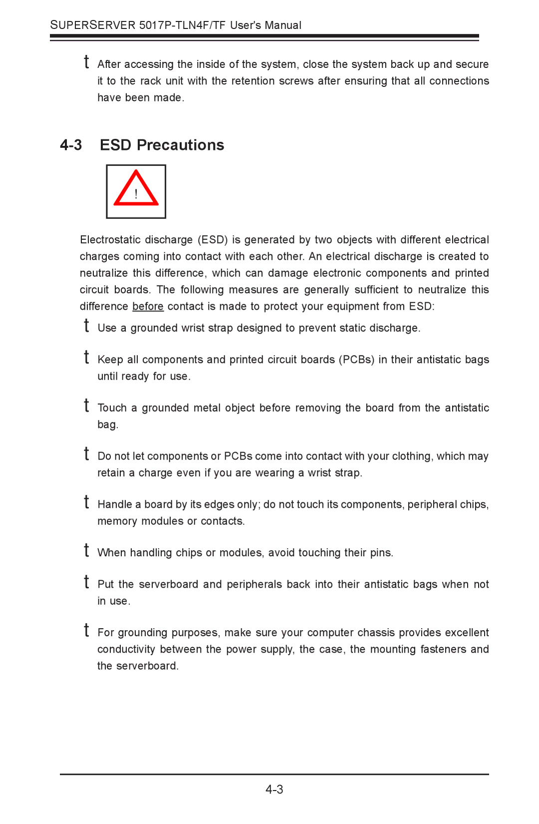 SUPER MICRO Computer 5017P-TF, 5017P-TLN4F user manual ESD Precautions 