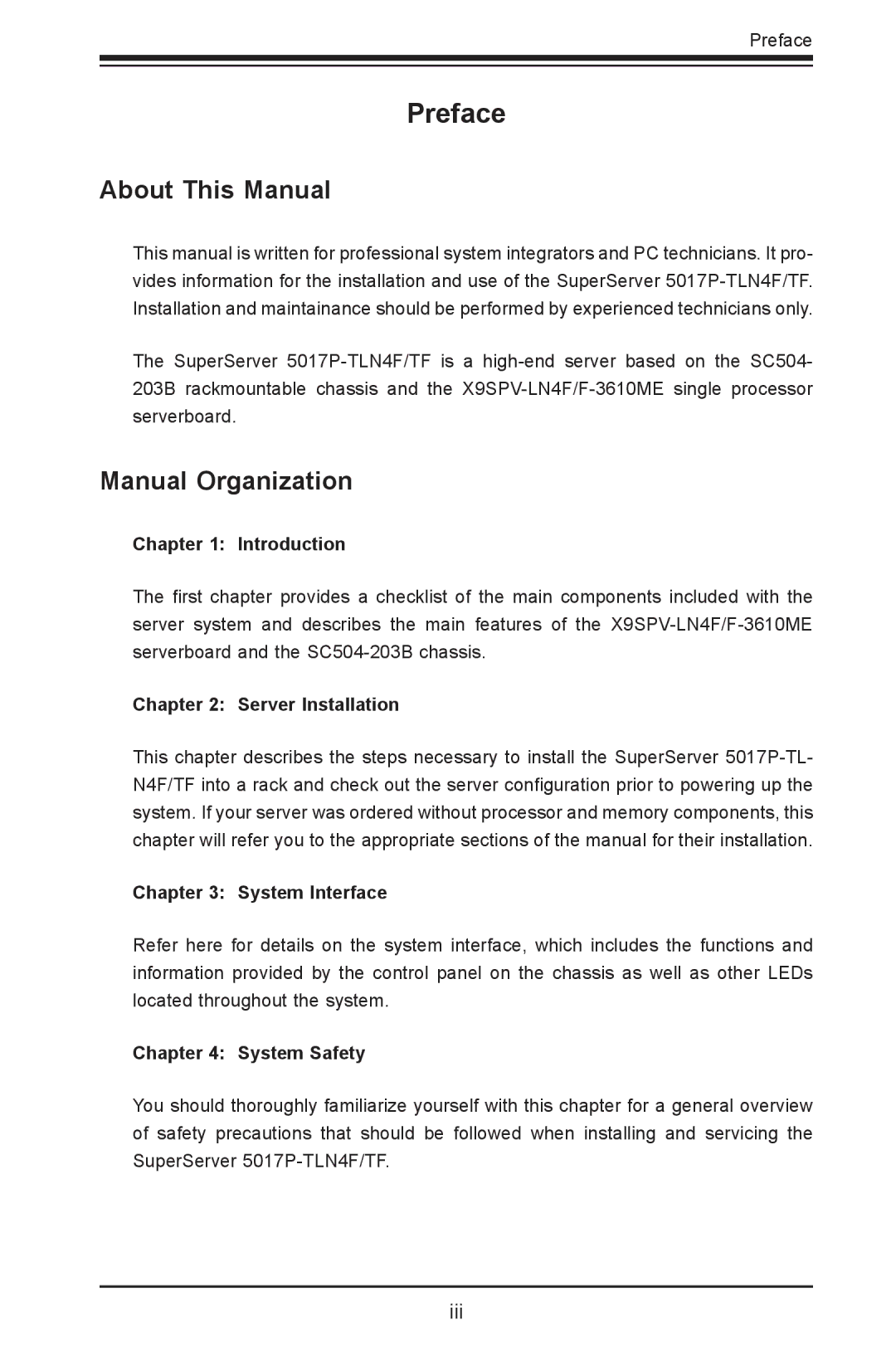 SUPER MICRO Computer 5017P-TF, 5017P-TLN4F user manual About This Manual, Manual Organization 