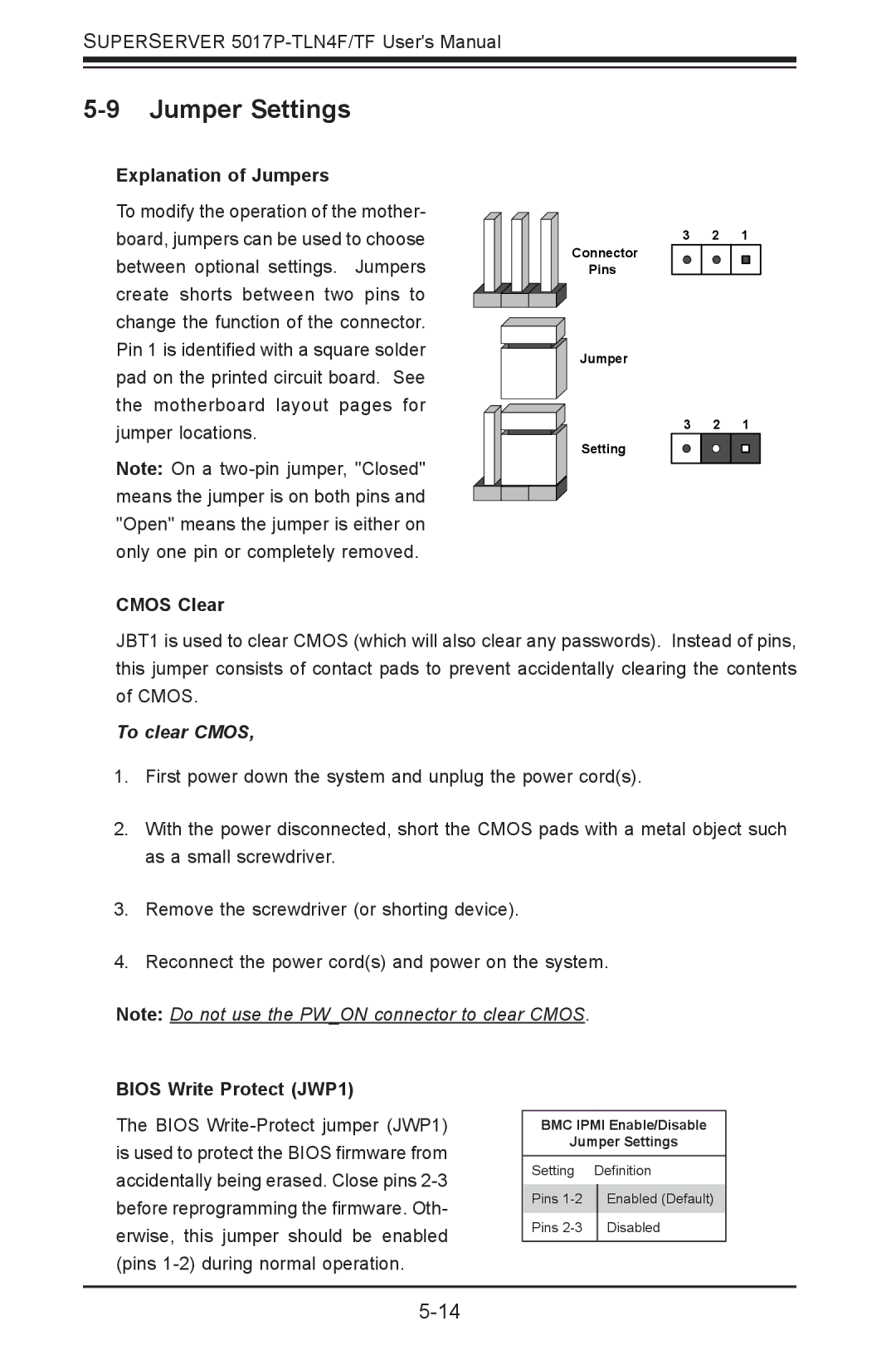 SUPER MICRO Computer 5017P-TLN4F, 5017P-TF Jumper Settings, Explanation of Jumpers, Cmos Clear, Bios Write Protect JWP1 