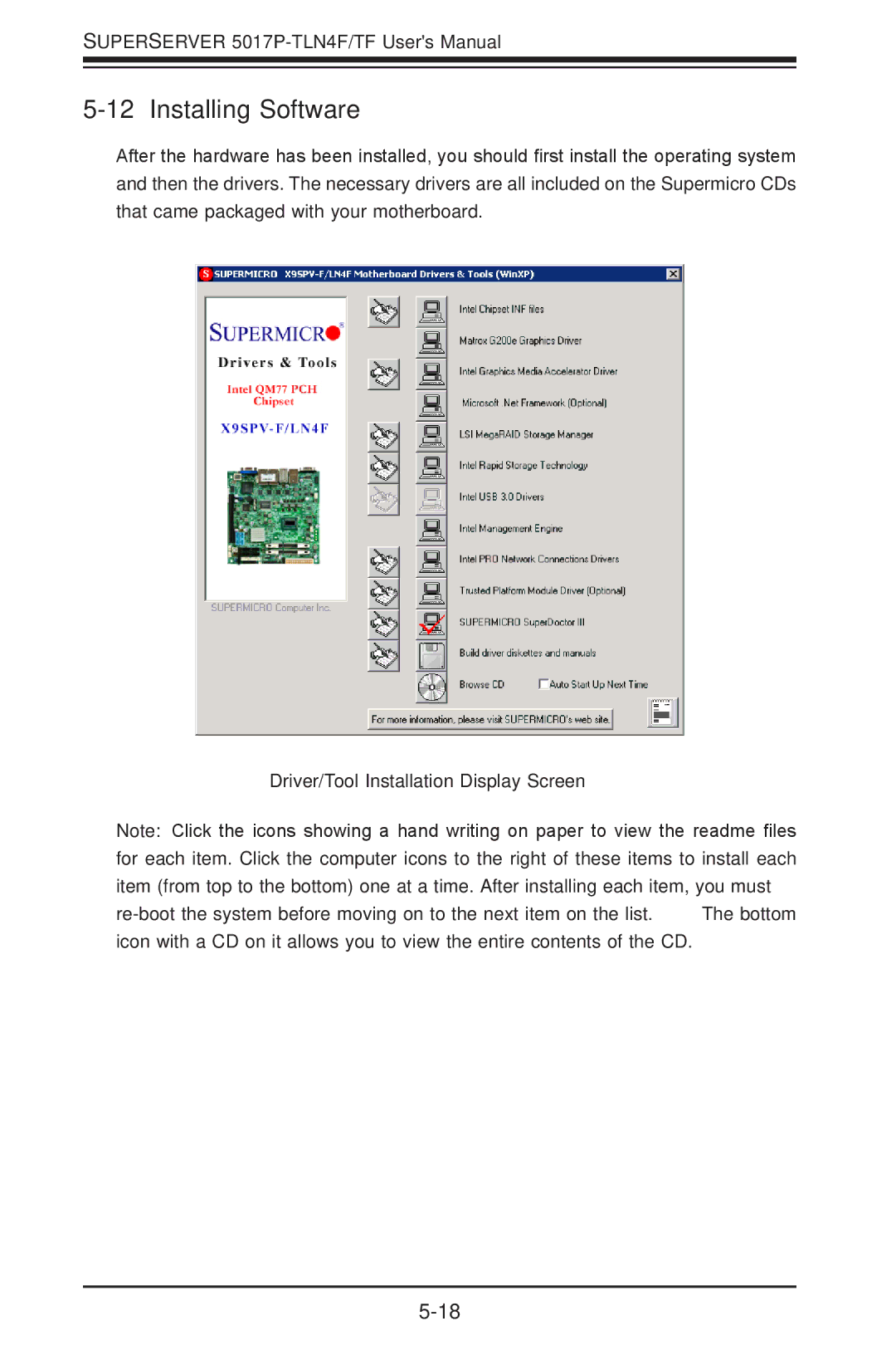 SUPER MICRO Computer 5017P-TLN4F, 5017P-TF user manual Installing Software, Driver/Tool Installation Display Screen 