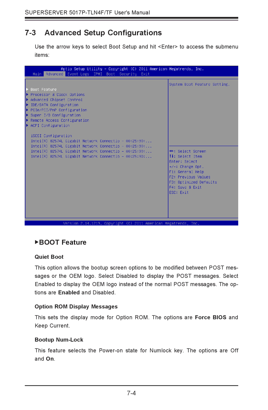 SUPER MICRO Computer 5017P-TF Advanced Setup Configurations, BOOT Feature, Quiet Boot, Option ROM Display Messages 