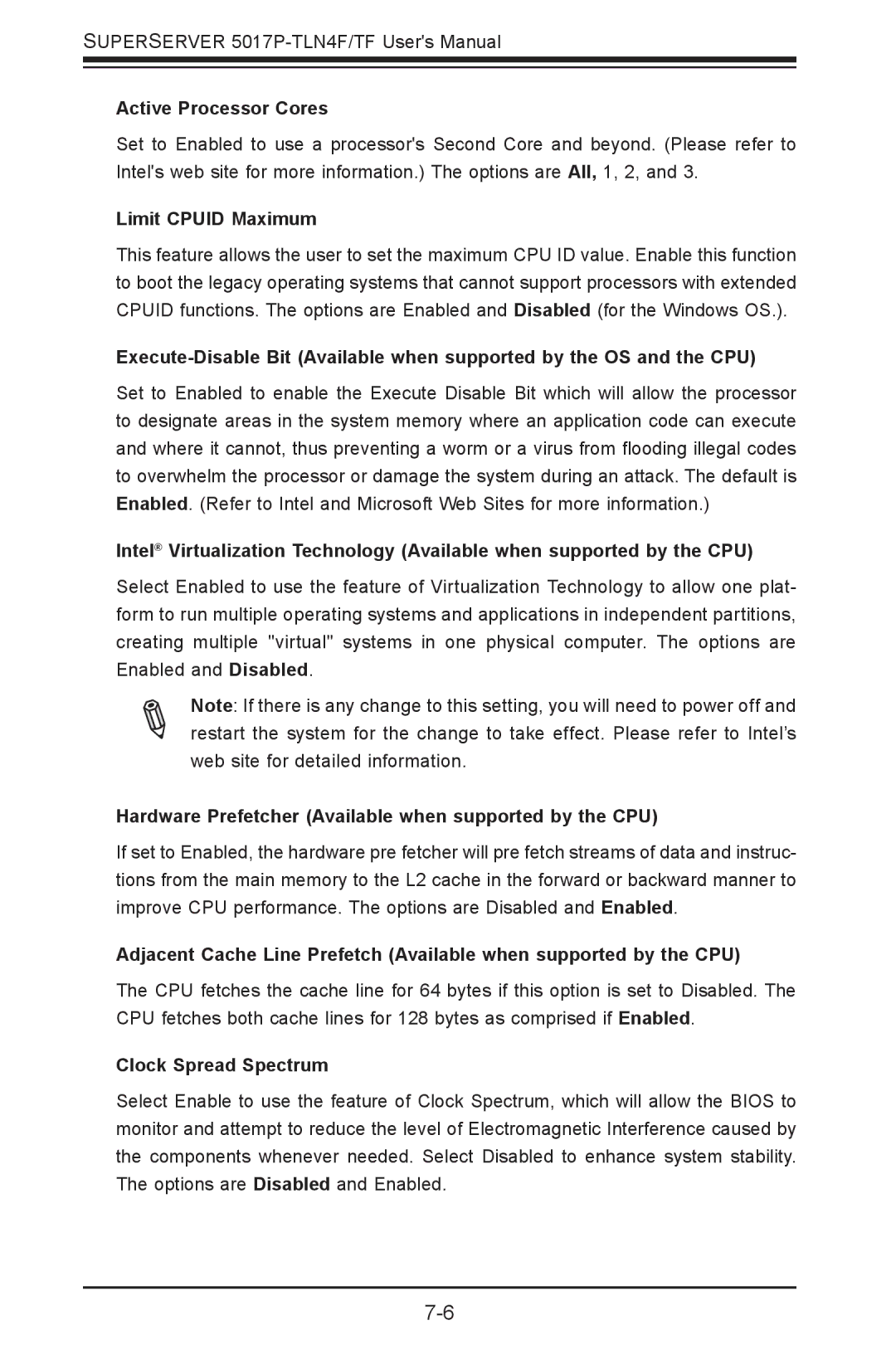 SUPER MICRO Computer 5017P-TF, 5017P-TLN4F user manual Active Processor Cores, Limit Cpuid Maximum, Clock Spread Spectrum 