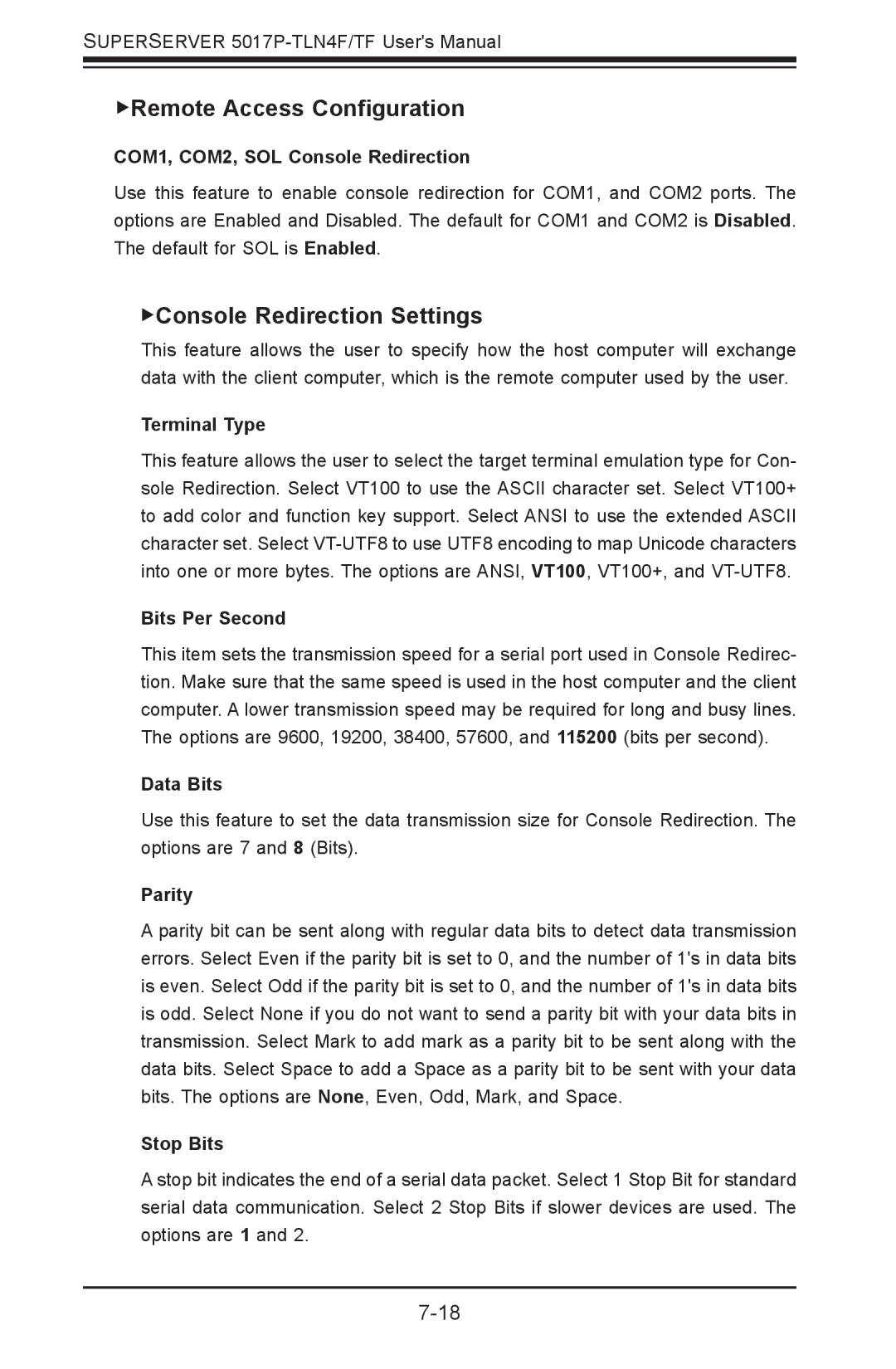 SUPER MICRO Computer 5017P-TF, 5017P-TLN4F user manual Remote Access Configuration, Console Redirection Settings 