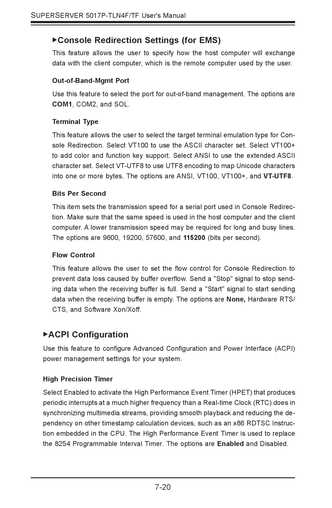 SUPER MICRO Computer 5017P-TF user manual Console Redirection Settings for EMS, ACPI Configuration, Out-of-Band-Mgmt Port 