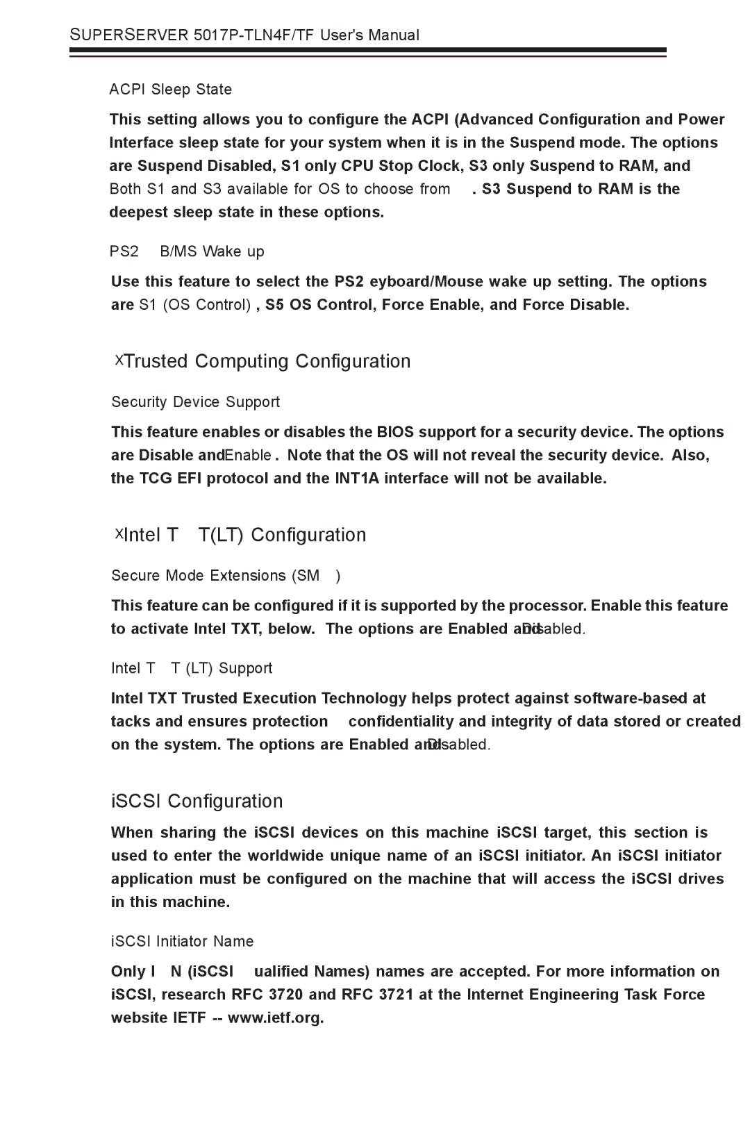 SUPER MICRO Computer 5017P-TLN4F Trusted Computing Configuration, Intel Txtlt Configuration, ISCSI Configuration 