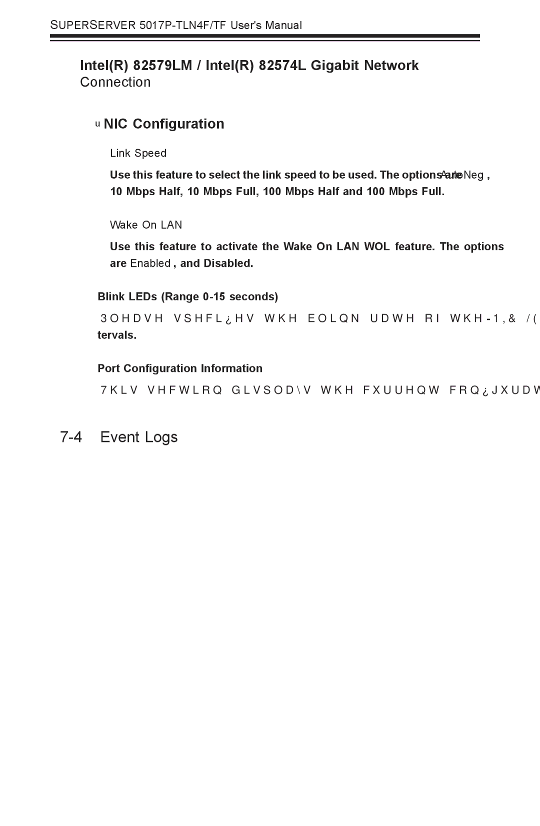 SUPER MICRO Computer 5017P-TLN4F, 5017P-TF user manual Event Logs, Link Speed, Wake On LAN, Blink LEDs Range 0-15 seconds 