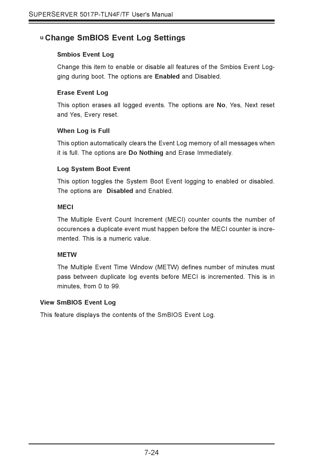 SUPER MICRO Computer 5017P-TF, 5017P-TLN4F user manual Change SmBIOS Event Log Settings 