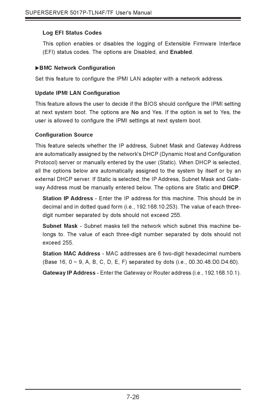 SUPER MICRO Computer 5017P-TF, 5017P-TLN4F Log EFI Status Codes, BMC Network Configuration, Update Ipmi LAN Configuration 