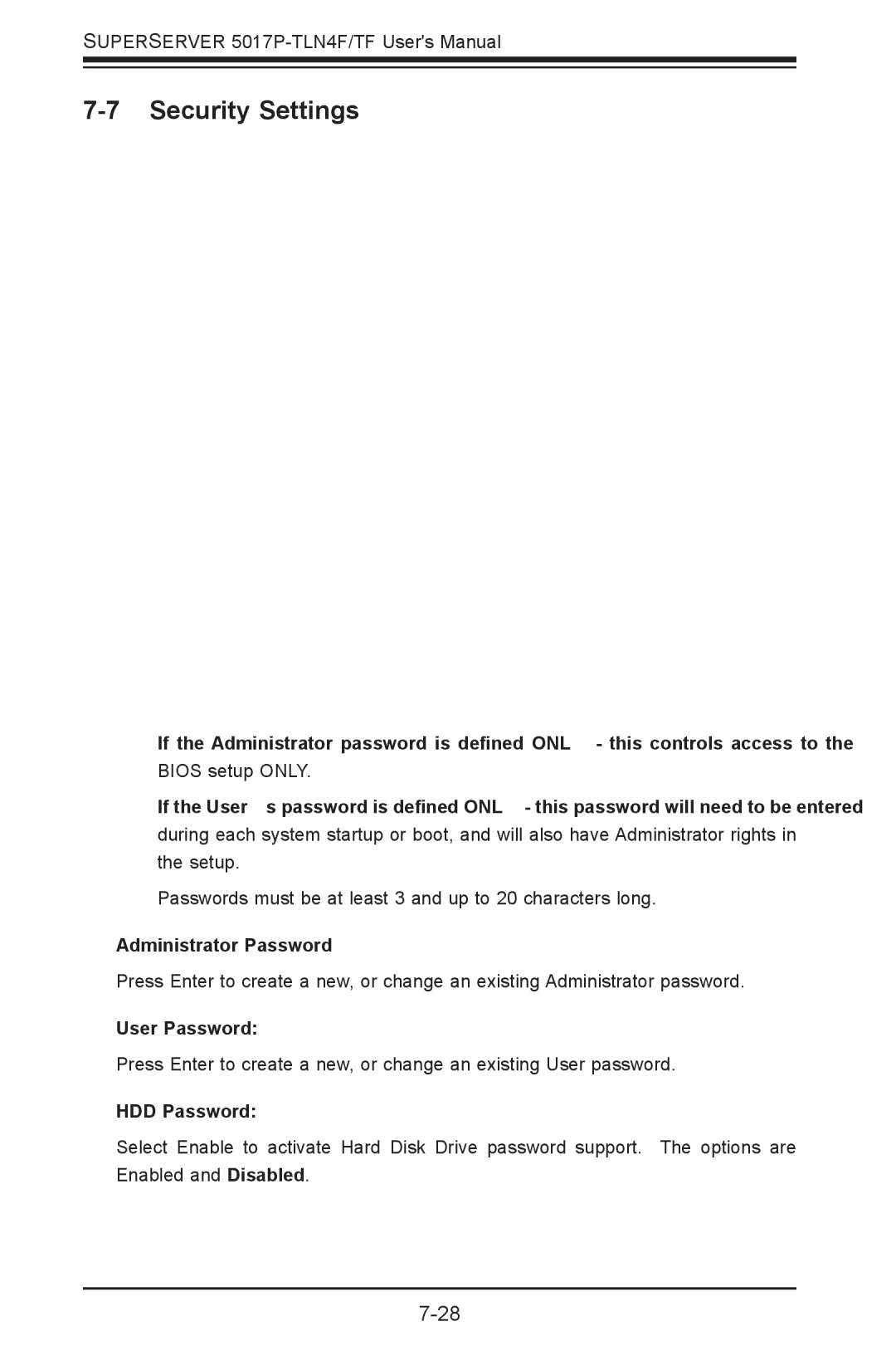 SUPER MICRO Computer 5017P-TF, 5017P-TLN4F Security Settings, Administrator Password, User Password, HDD Password 